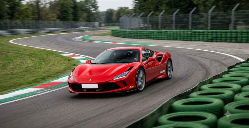 Pilota al volante della Ferrari F8 Tributo concentrato sulla traiettoria rettilinea a Pavia